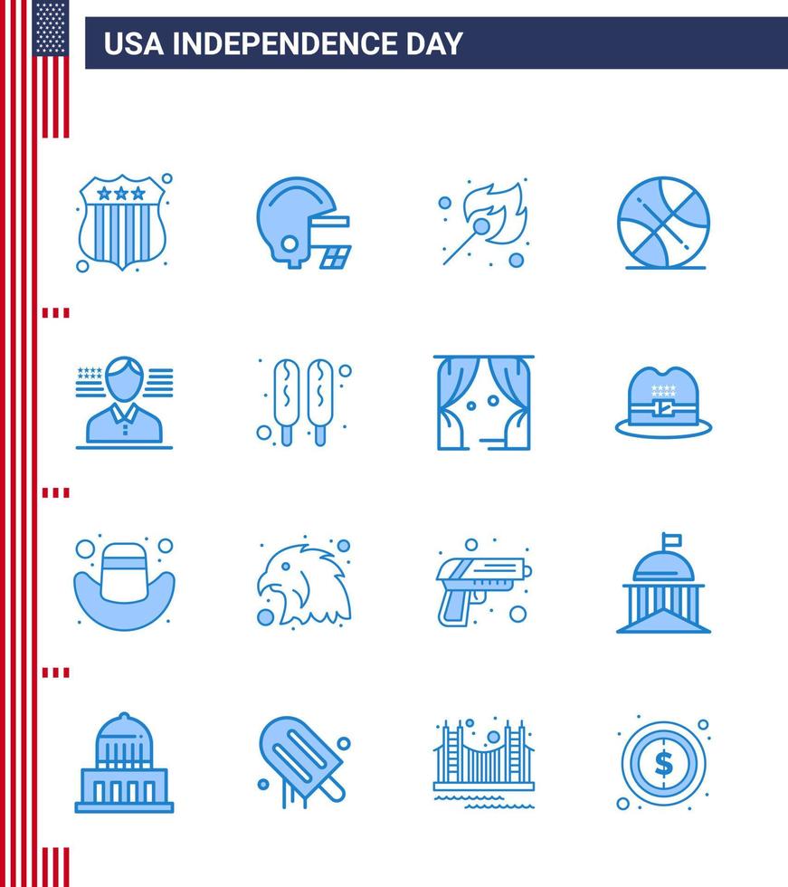 Set of 16 USA Day Icons American Symbols Independence Day Signs for corn dog american match man sports Editable USA Day Vector Design Elements