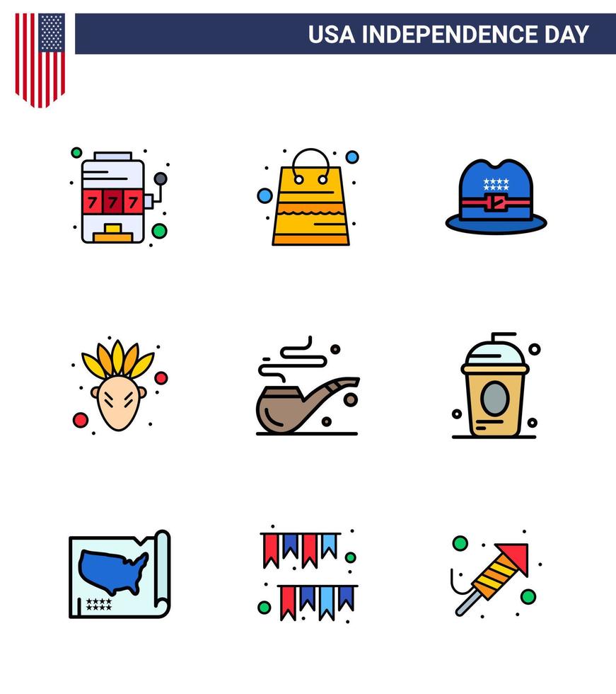 Set of 9 USA Day Icons American Symbols Independence Day Signs for cake smoke hat pipe native american Editable USA Day Vector Design Elements