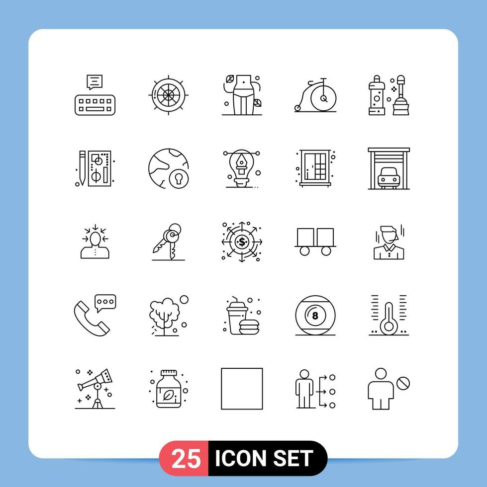 paquete de iconos vectoriales de 25 líneas y símbolos para vehículos más limpios, dieta, transporte, bicicleta, elementos de diseño vectorial editables vector