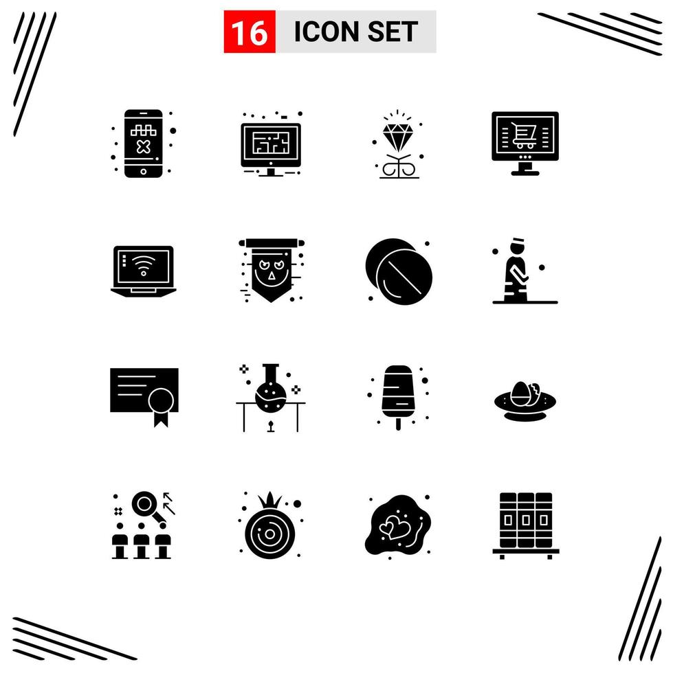conjunto moderno de 16 glifos y símbolos sólidos, como el plan de comercio electrónico de una computadora portátil, elementos de diseño de vectores editables para bodas