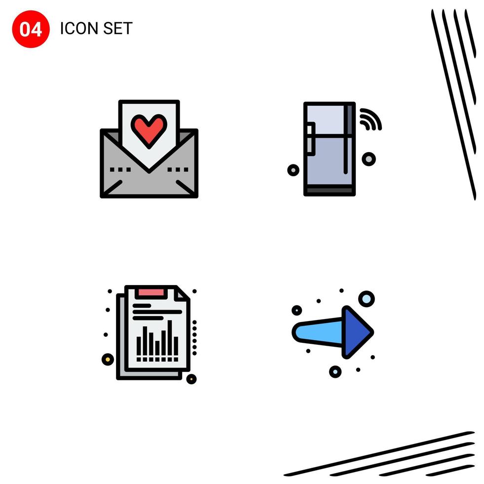 Pack of 4 creative Filledline Flat Colors of heart wifi mail iot financial Editable Vector Design Elements