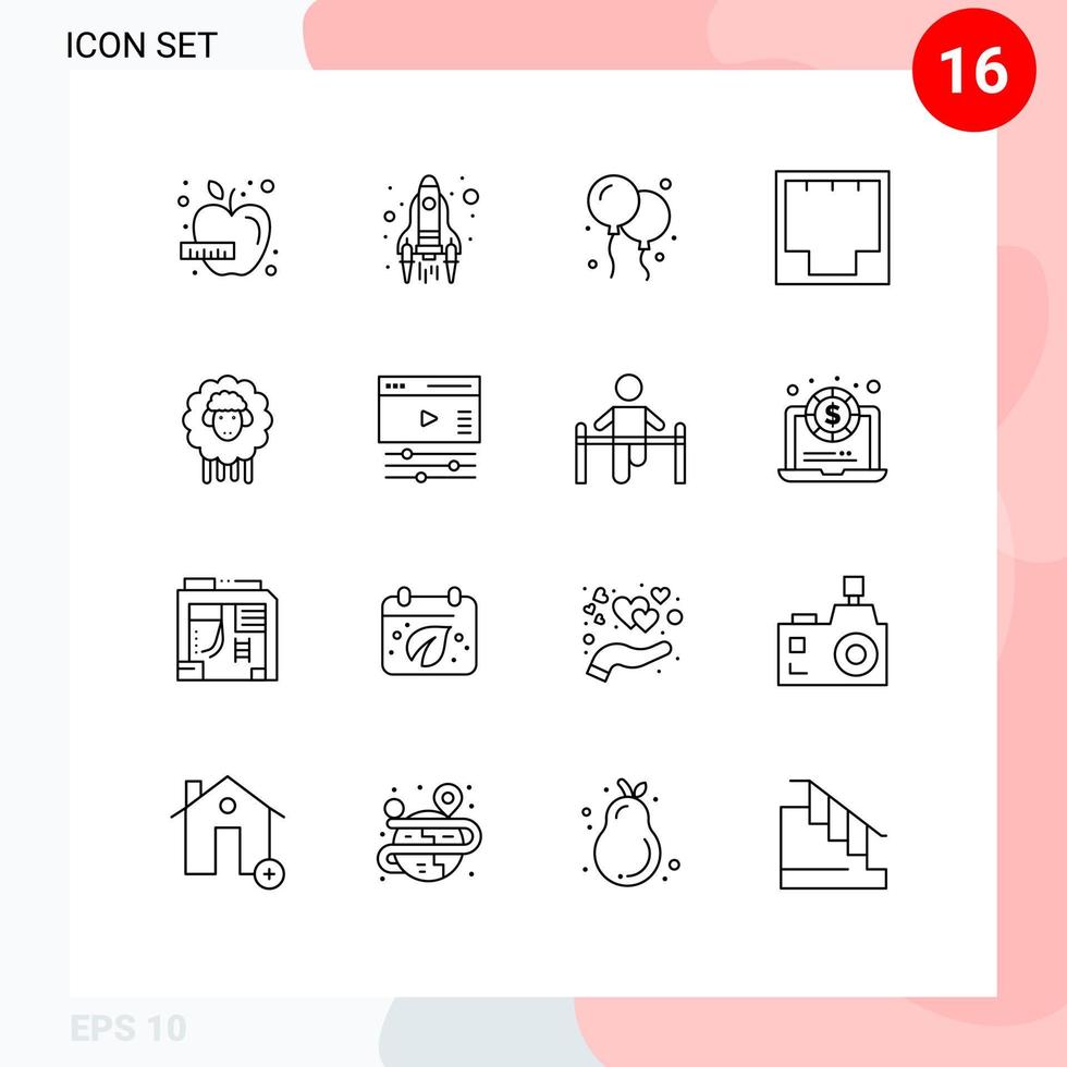 Set of 16 Modern UI Icons Symbols Signs for lamb port balloon network ethernet Editable Vector Design Elements