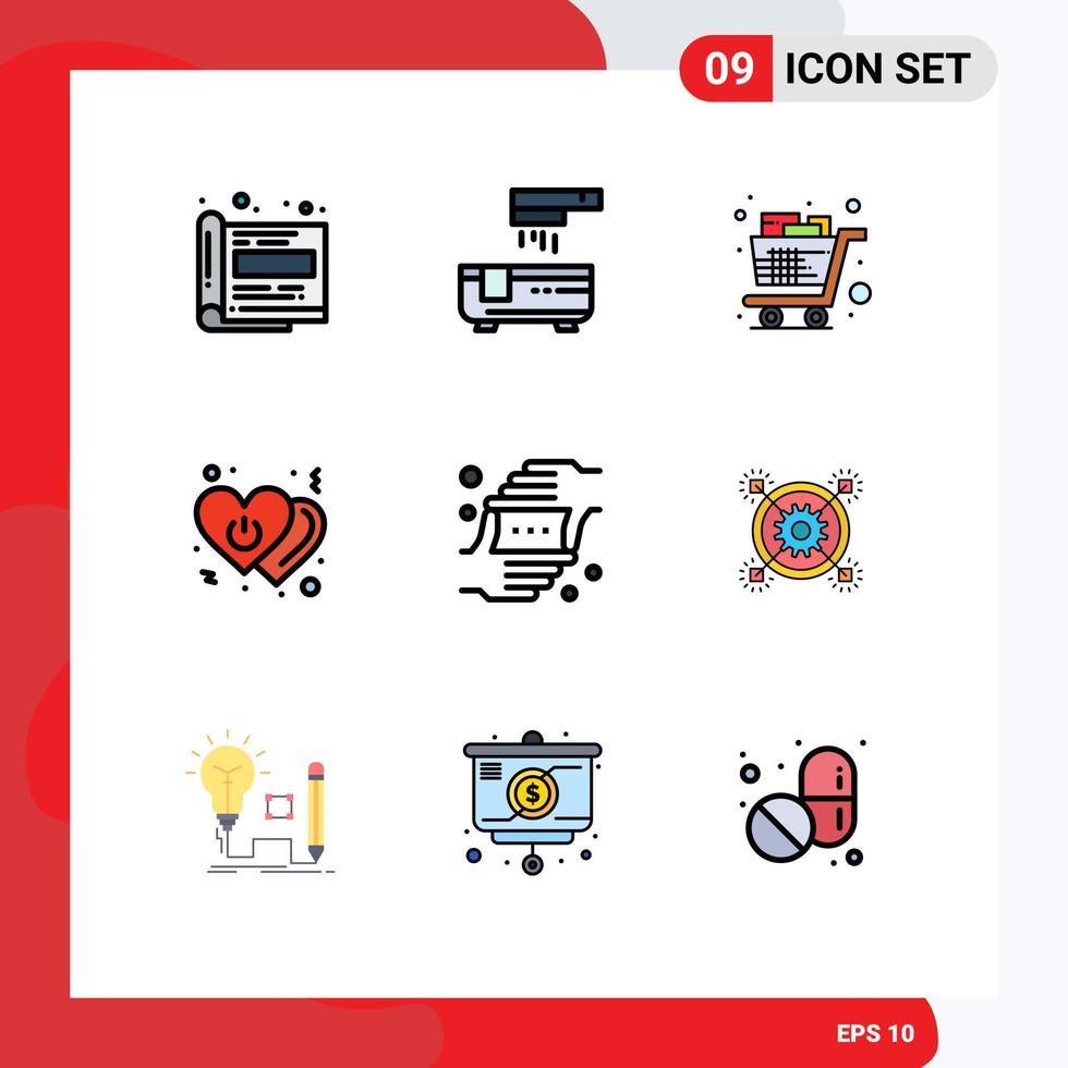 9 Filledline Flat Color concept for Websites Mobile and Apps switch off cart love trolley Editable Vector Design Elements