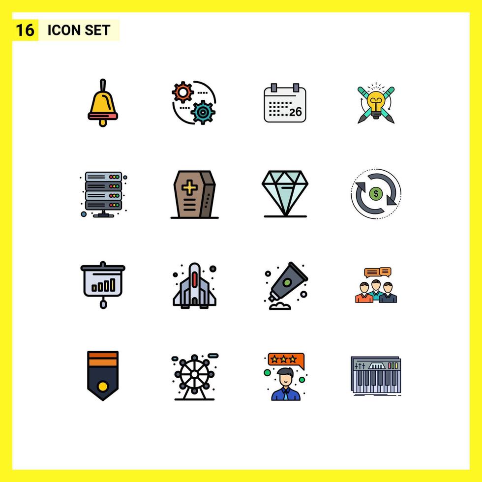 16 Thematic Vector Flat Color Filled Lines and Editable Symbols of server data day focus bulb Editable Creative Vector Design Elements