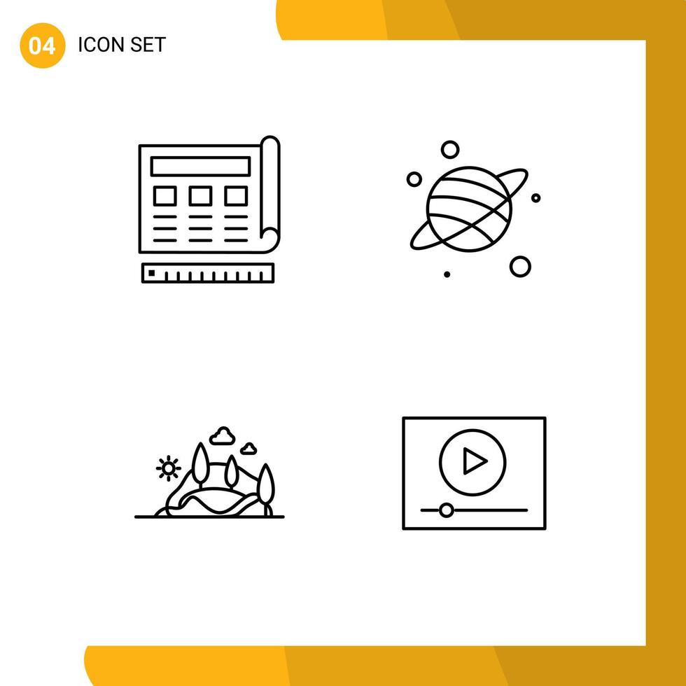 4 User Interface Line Pack of modern Signs and Symbols of blueprint landscape website planet mountain Editable Vector Design Elements
