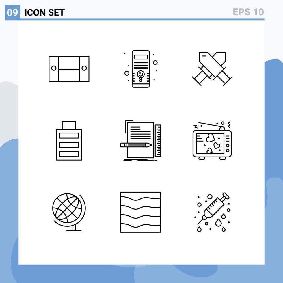 Universal Icon Symbols Group of 9 Modern Outlines of file code achievement simple battery Editable Vector Design Elements