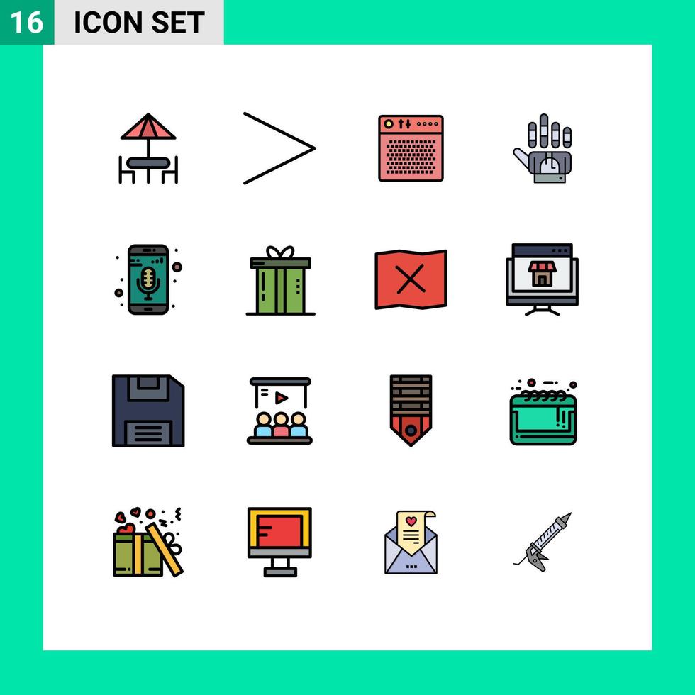 Paquete de 16 líneas llenas de color plano de interfaz de usuario de signos y símbolos modernos de tecnología de micrófono móvil seguimiento manual de audio elementos de diseño de vectores creativos editables