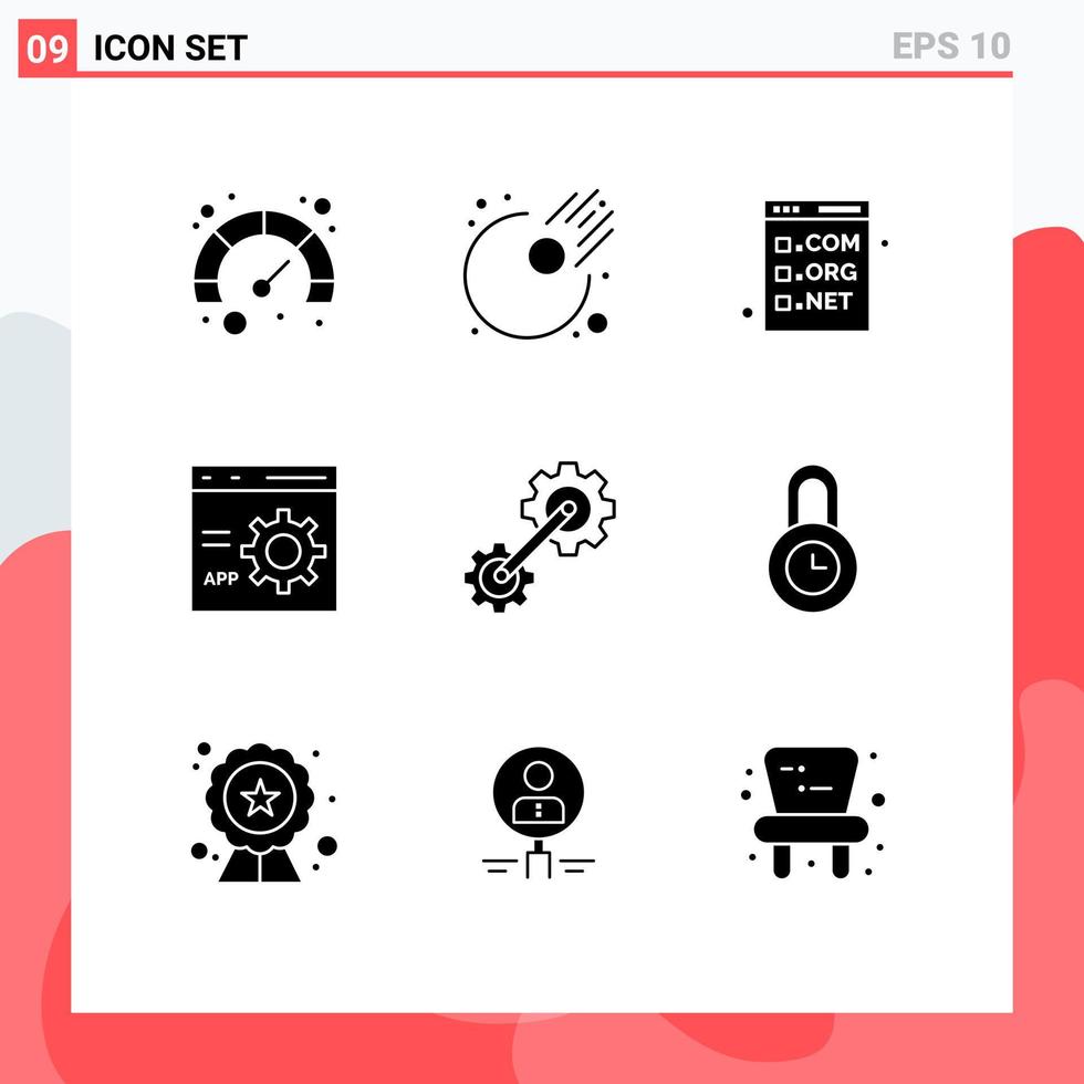 Mobile Interface Solid Glyph Set of 9 Pictograms of cogwheel programming com development coding Editable Vector Design Elements