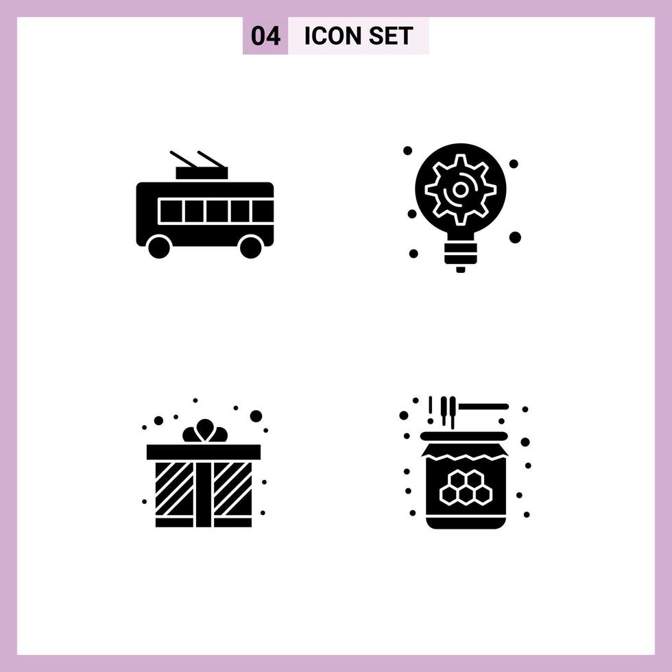 símbolos de iconos universales grupo de 4 glifos sólidos modernos de autobús caja de regalo trolebús innovación amor elementos de diseño vectorial editables vector