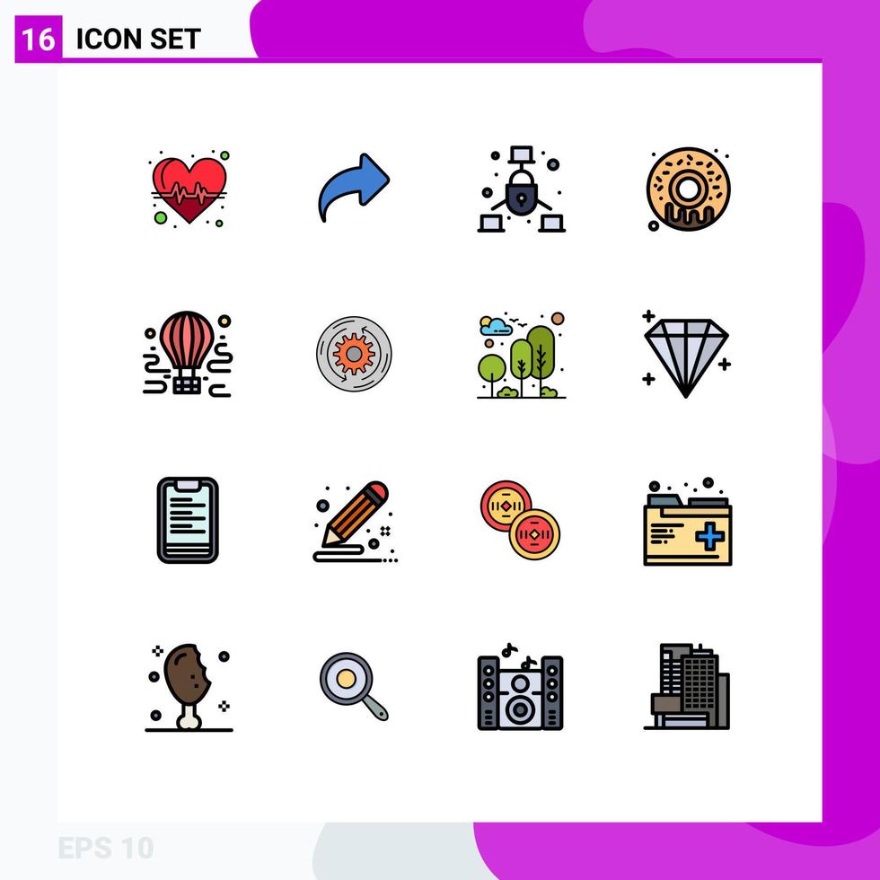 Group of 16 Modern Flat Color Filled Lines Set for tour air communication donut food Editable Creative Vector Design Elements