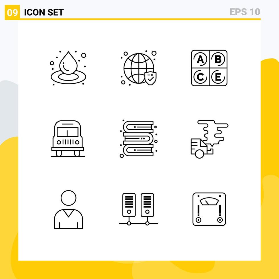 Pack of 9 Modern Outlines Signs and Symbols for Web Print Media such as car library vitamin bookshelf camping Editable Vector Design Elements