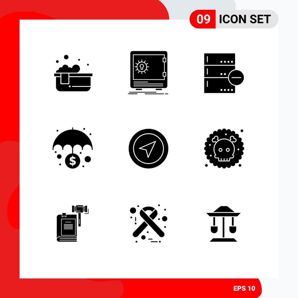 Pack of 9 creative Solid Glyphs of protection economy strongbox banking database Editable Vector Design Elements