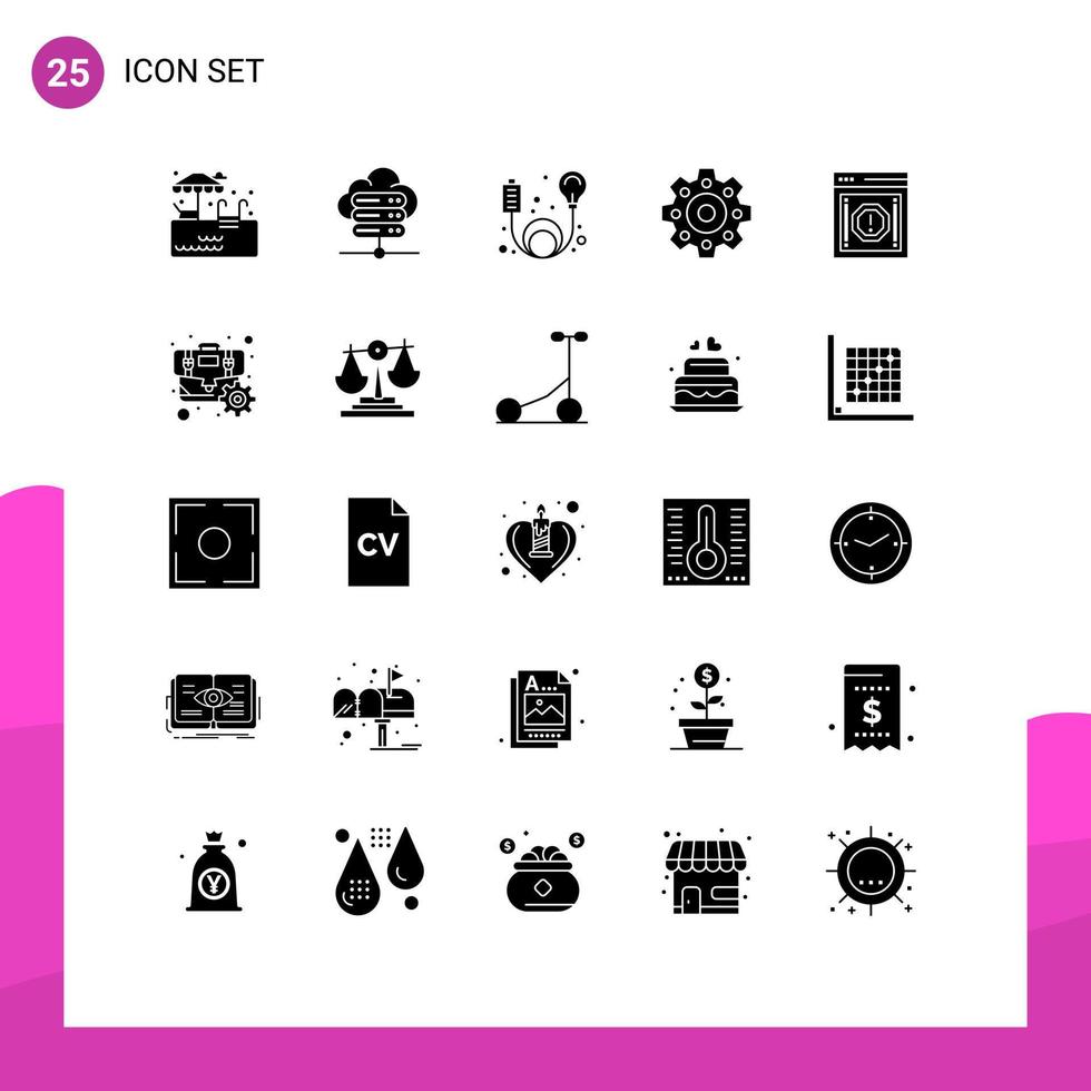 Group of 25 Modern Solid Glyphs Set for briefcase notification element message alert Editable Vector Design Elements