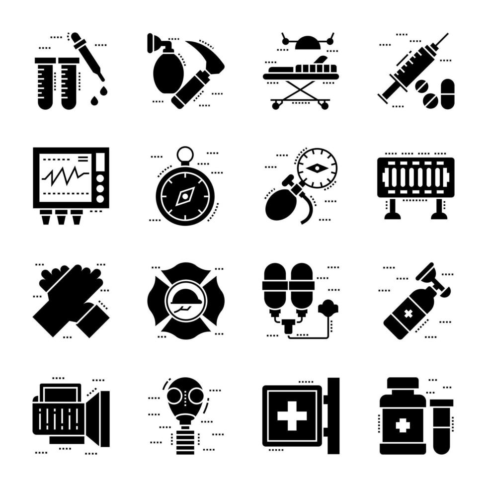 Medical and Rescue Tools Glyph Icons vector