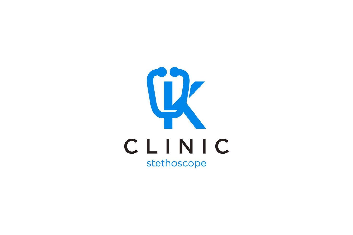 logotipo de la letra k con estetoscopio para medicina y farmacia vector