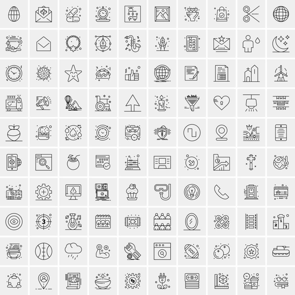 100 Universal Black Line Icons on White Background vector