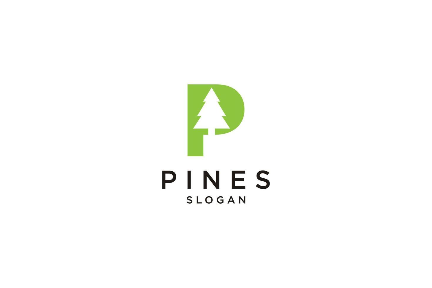 letra inicial p con cicuta, siempre verde, pinos, abetos, plantilla de diseño de logotipo de árboles de cedro vector
