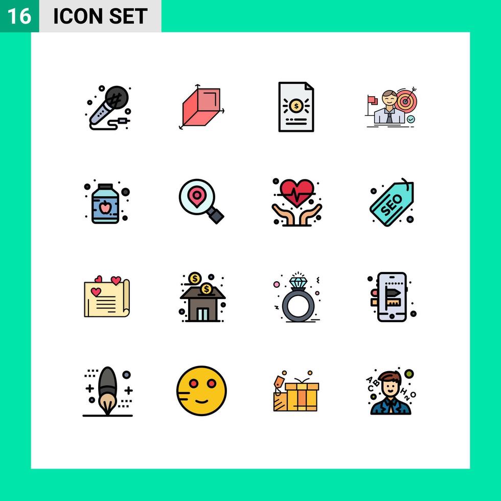 16 Thematic Vector Flat Color Filled Lines and Editable Symbols of success hit banking goal finance Editable Creative Vector Design Elements