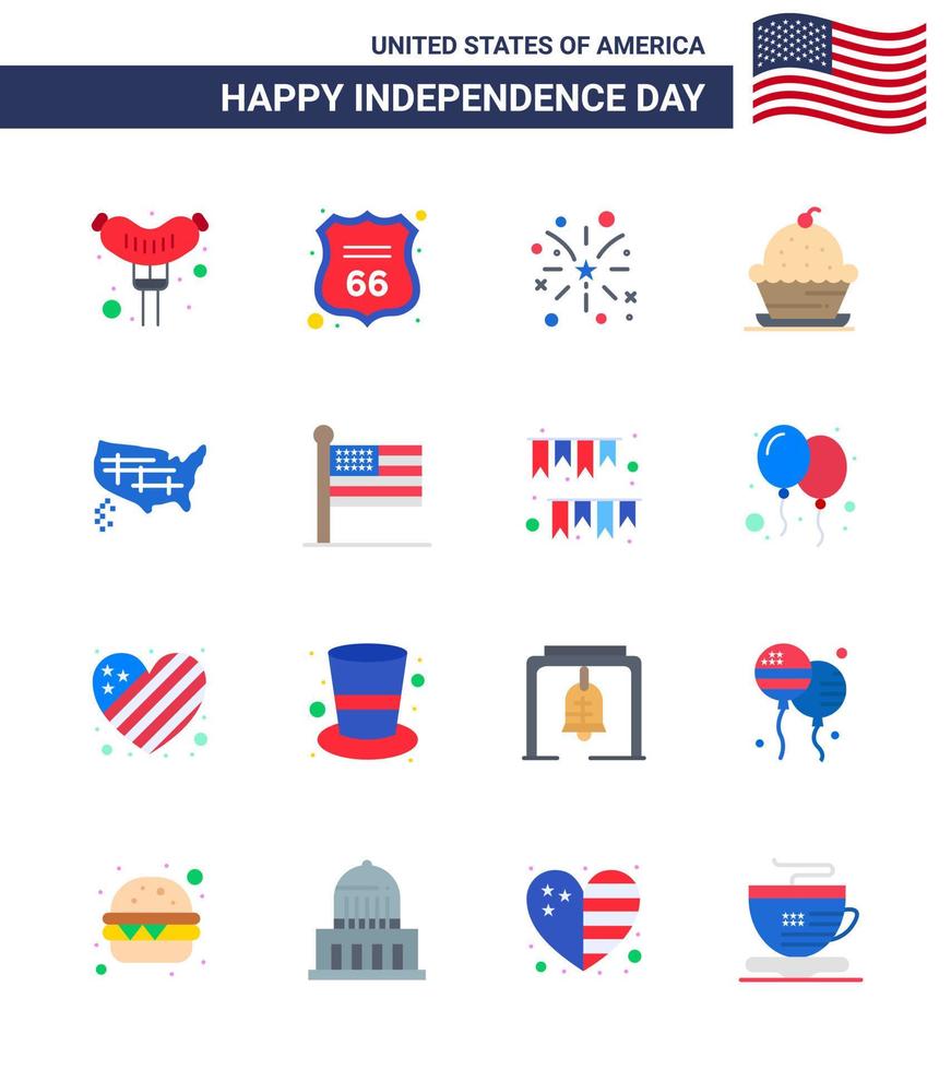 Set of 16 Vector Flats on 4th July USA Independence Day such as states thanksgiving fire sweet dessert Editable USA Day Vector Design Elements