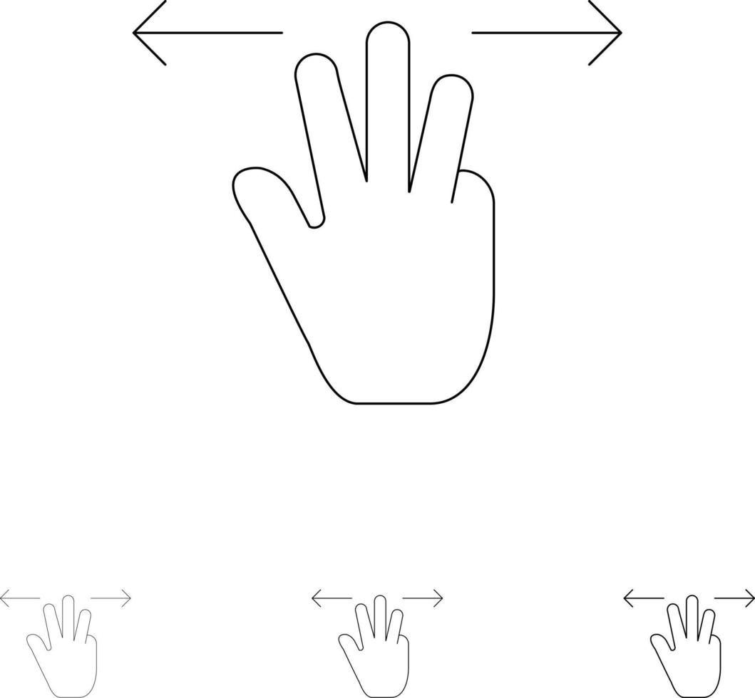 gestos mano móvil tres dedos en negrita y delgada línea negra conjunto de iconos vector