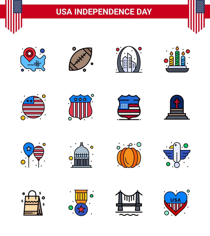 Group of 16 Flat Filled Lines Set for Independence day of United States of America such as country fire usa candle landmark Editable USA Day Vector Design Elements