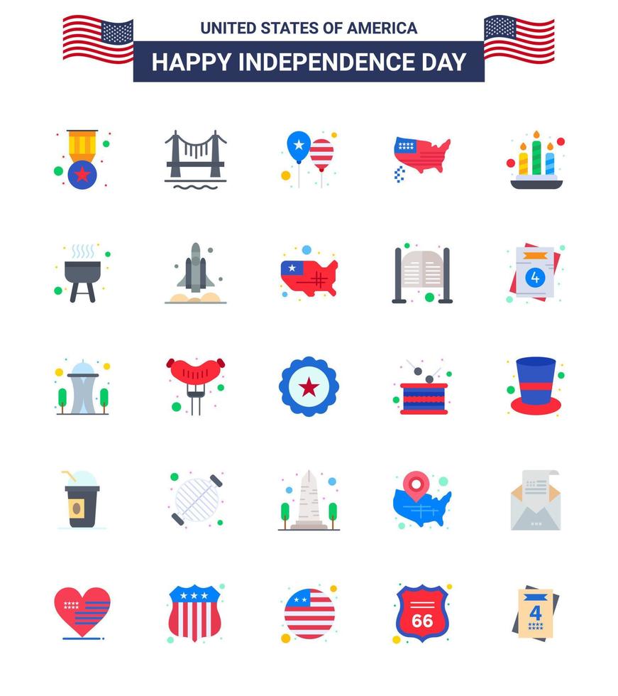 Flat Pack of 25 USA Independence Day Symbols of candle thanksgiving balloons map america flag Editable USA Day Vector Design Elements