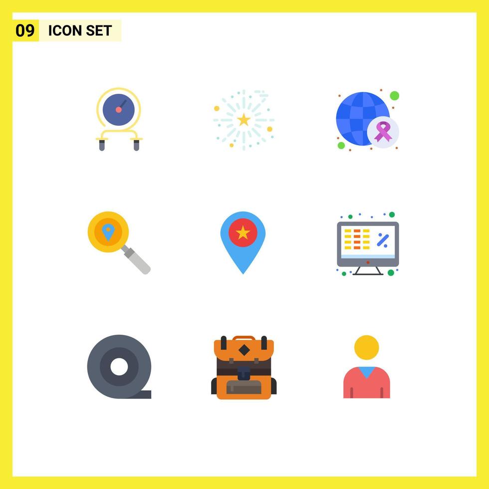 Editable Vector Line Pack of 9 Simple Flat Colors of star search thanks day location world Editable Vector Design Elements