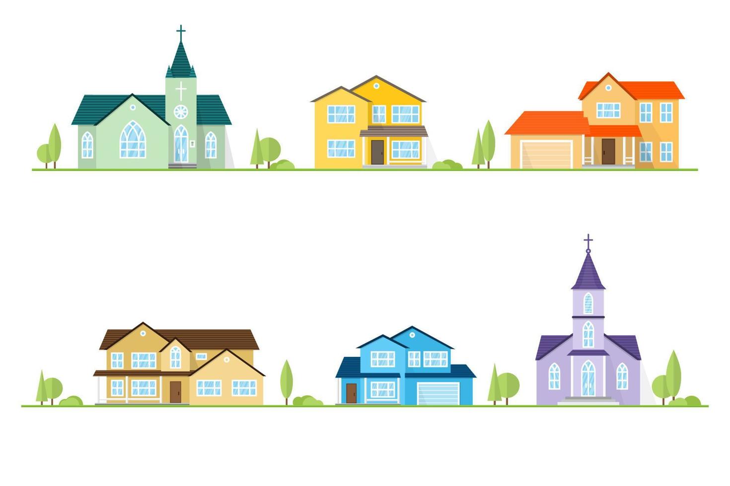 Neighborhood with homes and churches illustrated on white. vector