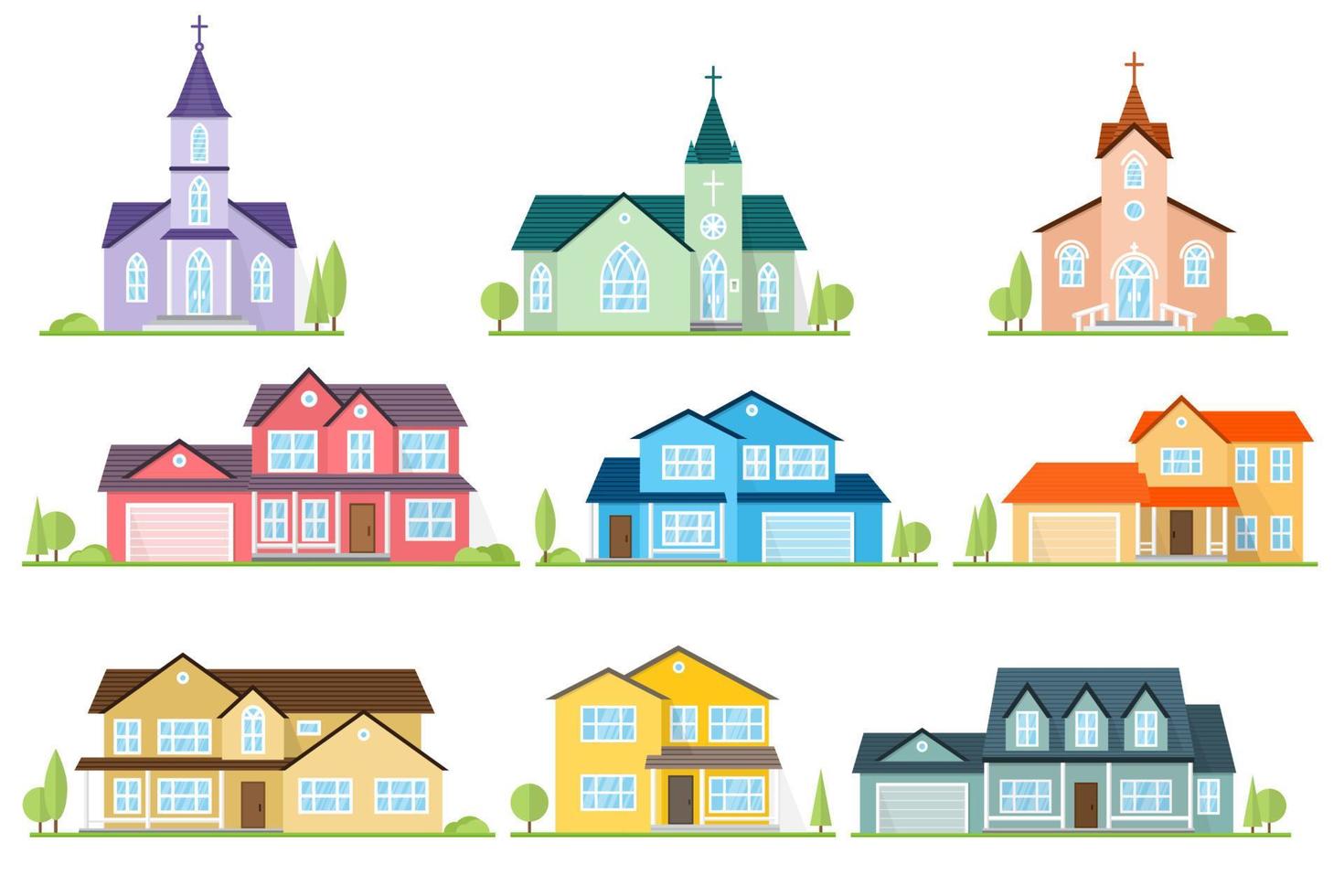 conjunto de casas e iglesias americanas suburbanas de icono plano. vector