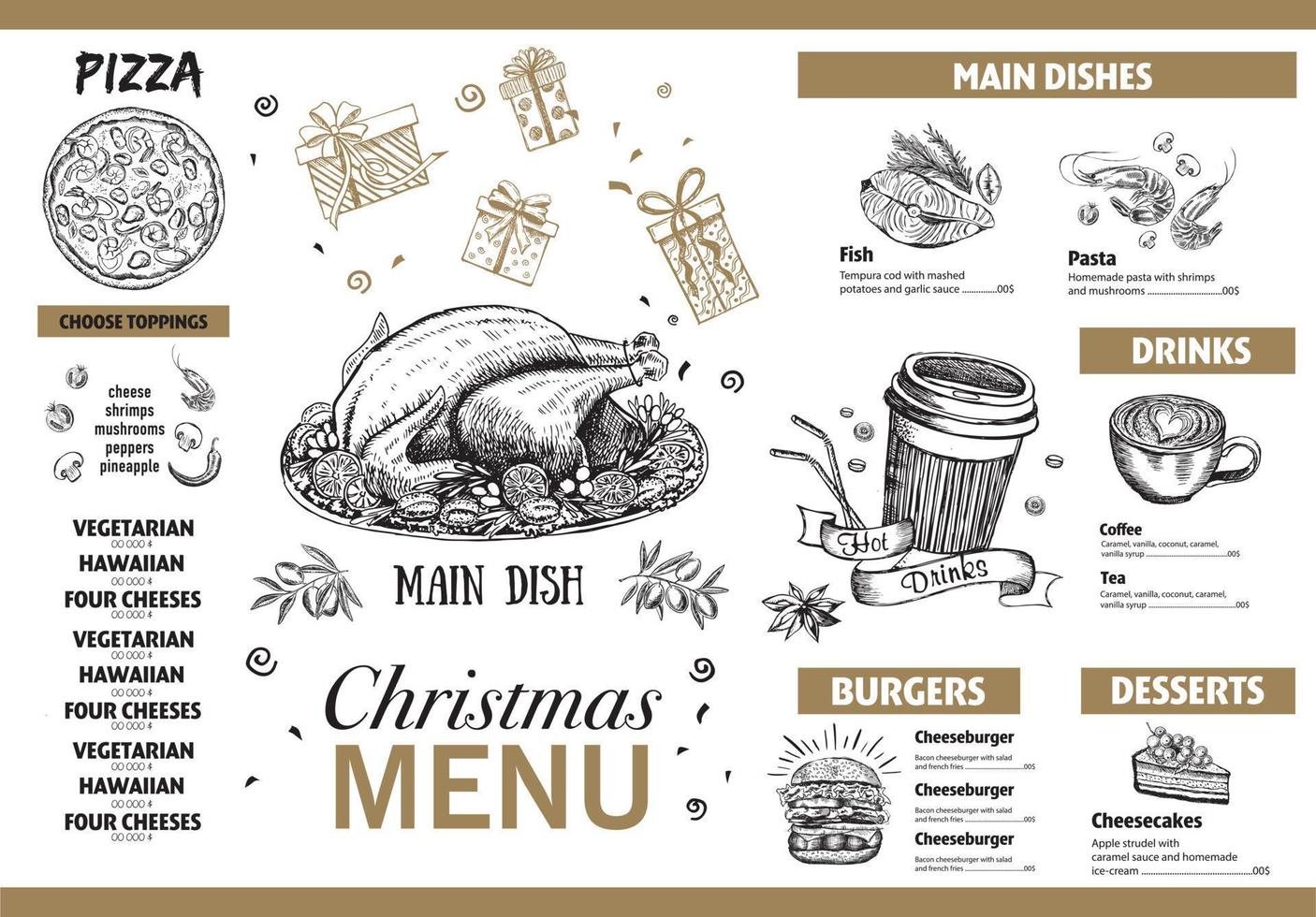 Christmas menu template, Hand drawn illustration vector