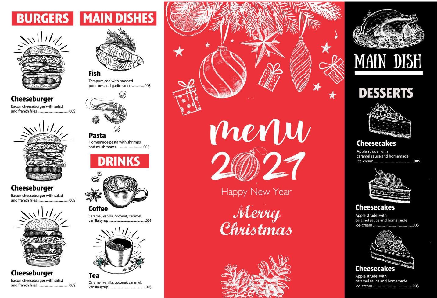 Christmas restaurant menu. Sketch illustration. Vector. vector