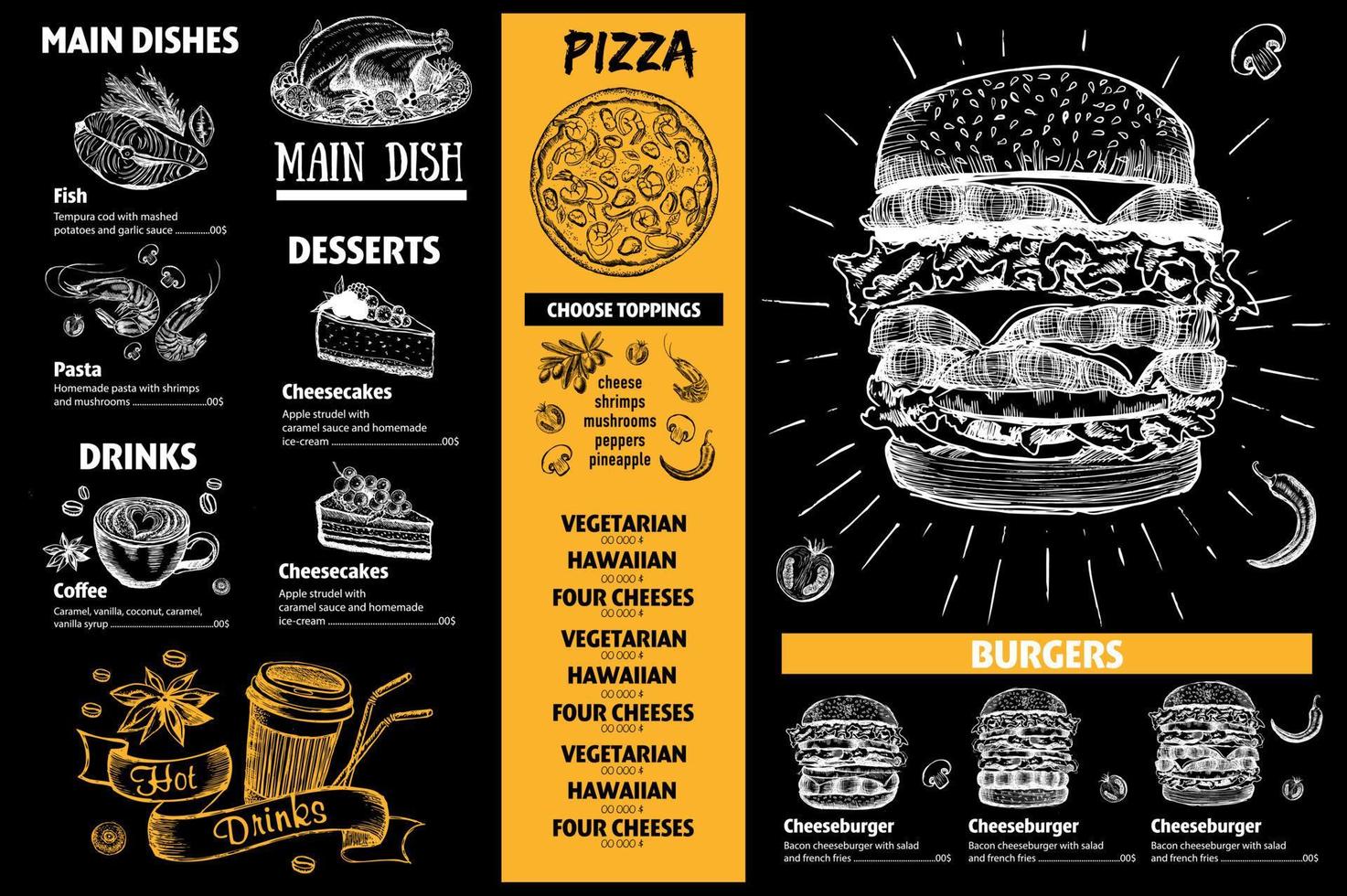 Menu restaurant brochure. Flyer with hand-drawn graphic. vector