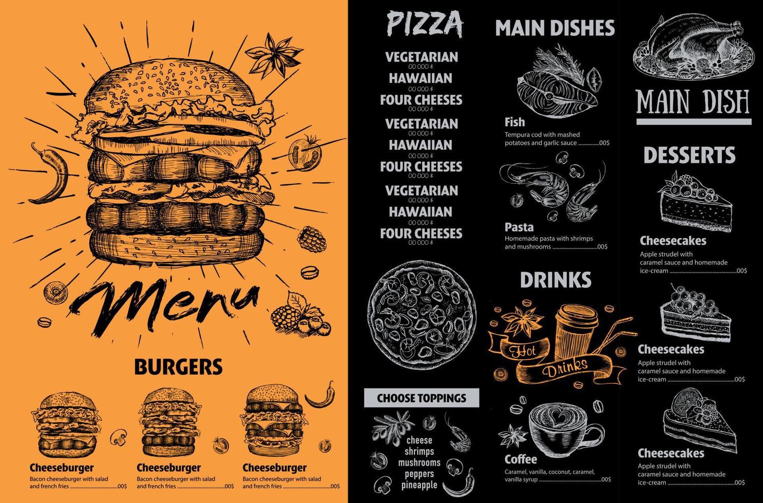 Menu cafe restaurant design template. Flyer with hand-drawn graphic. vector