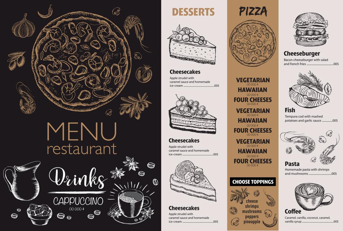 plantilla de diseño de restaurante de cafetería de menú. volante con gráfico dibujado a mano. vector