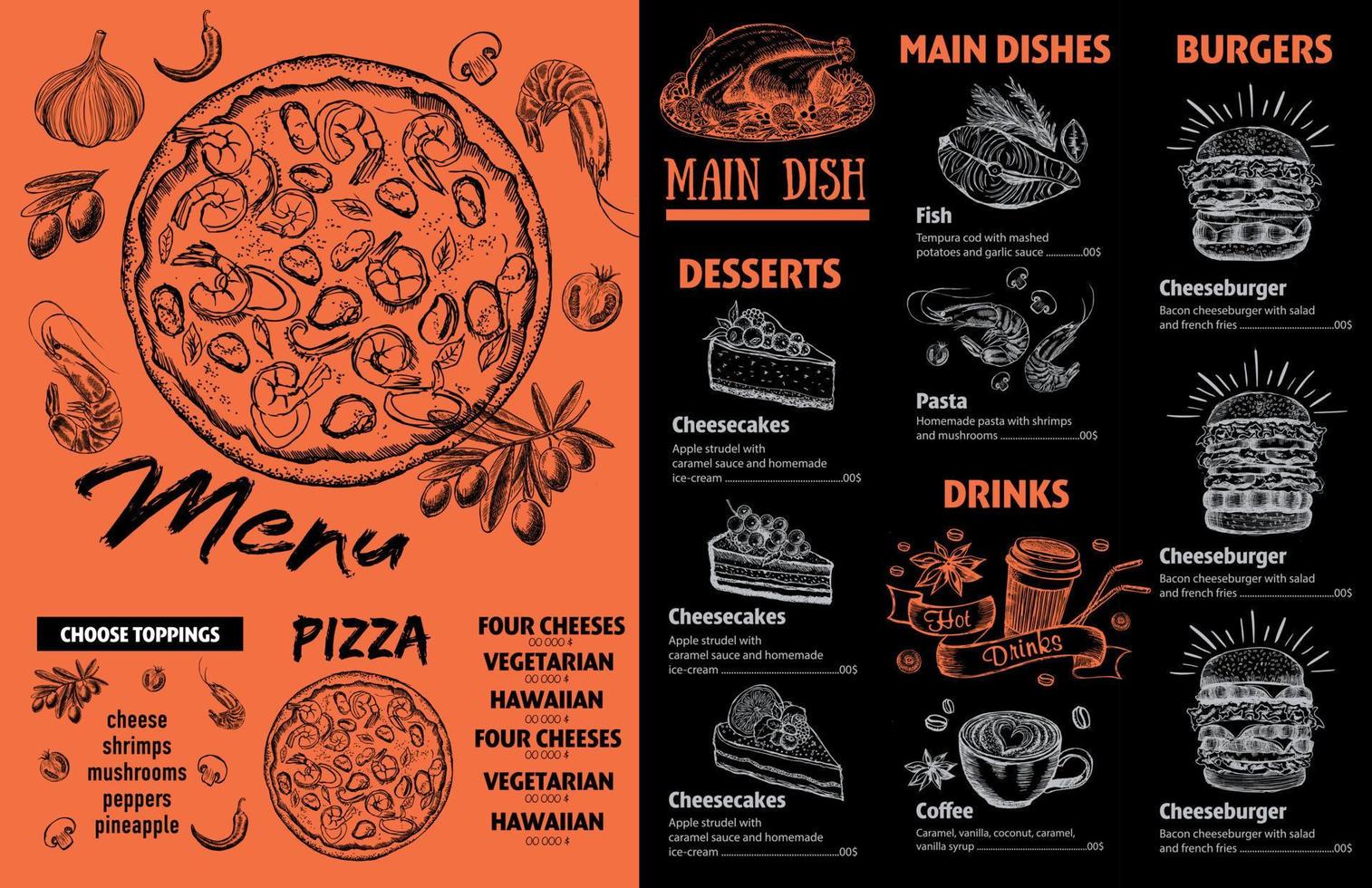 Menu cafe restaurant design template. Flyer with hand-drawn graphic. vector