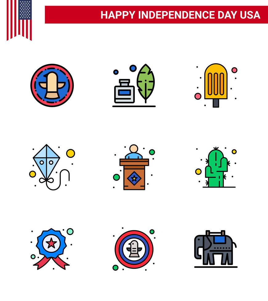 Happy Independence Day 4th July Set of 9 Flat Filled Lines American Pictograph of sign election cream usa summer Editable USA Day Vector Design Elements
