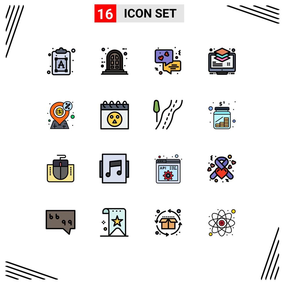 Editable Vector Line Pack of 16 Simple Flat Color Filled Lines of money dollar communication monitor layers Editable Creative Vector Design Elements