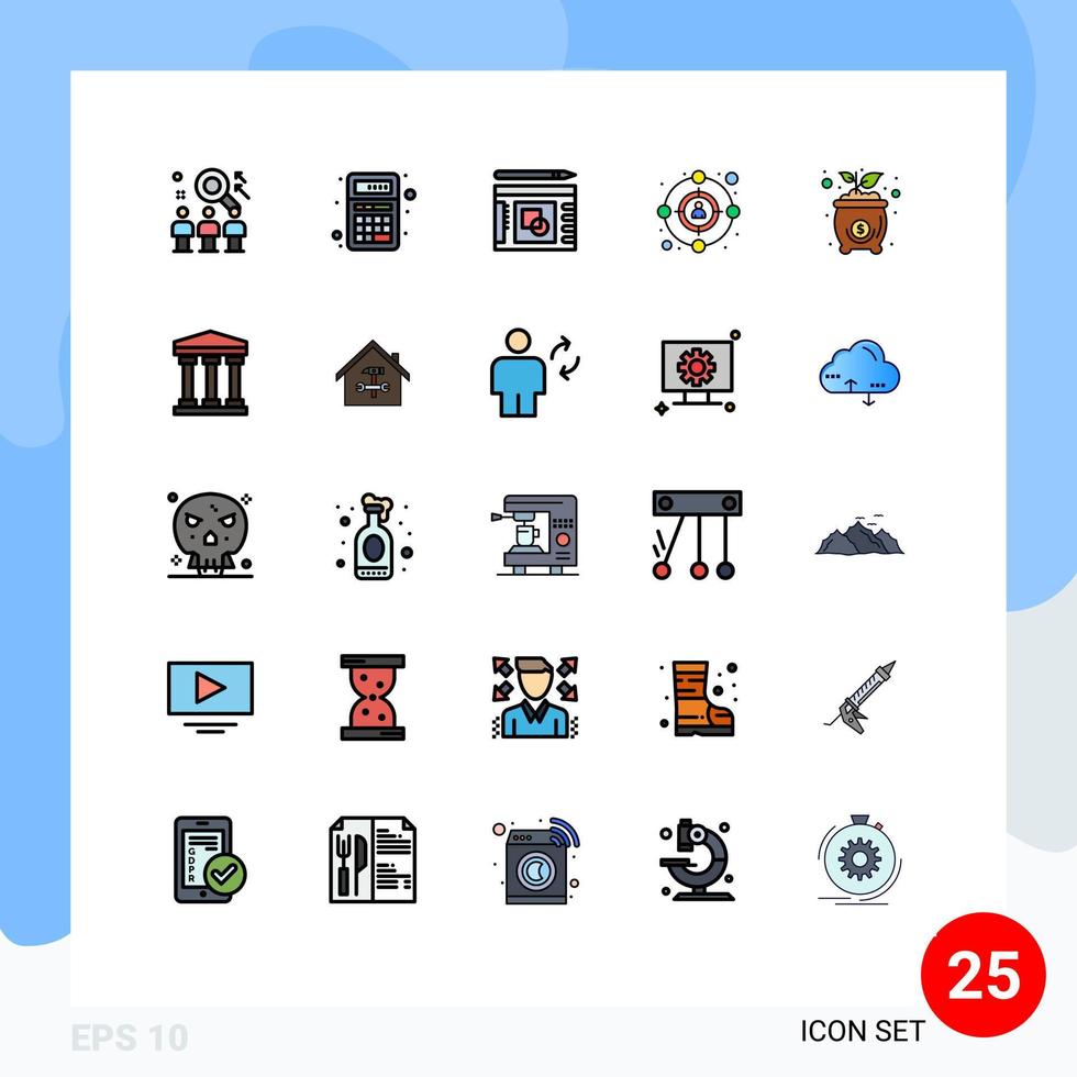 grupo de 25 signos y símbolos de colores planos de línea rellena para elementos de diseño de vector editables de presentación de audiencia de calculadora de cliente de bolsa