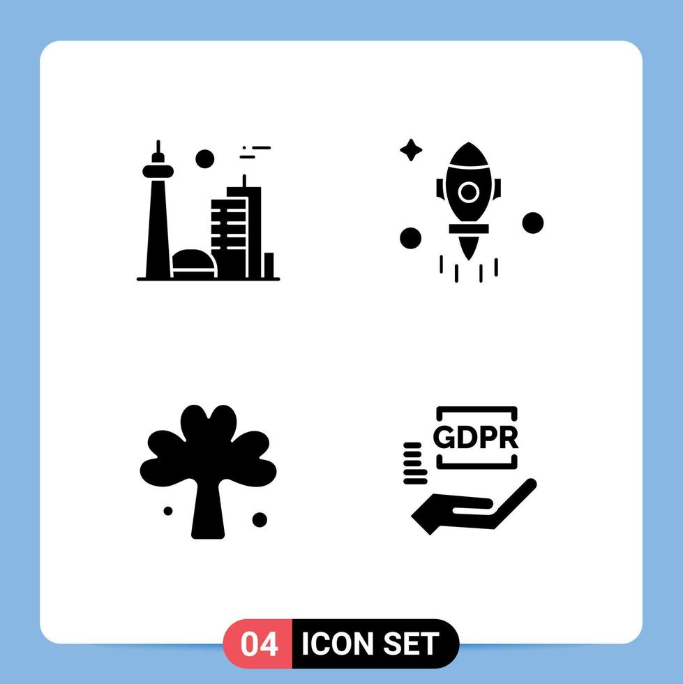 Group of 4 Solid Glyphs Signs and Symbols for building clover famous city rocket ireland Editable Vector Design Elements