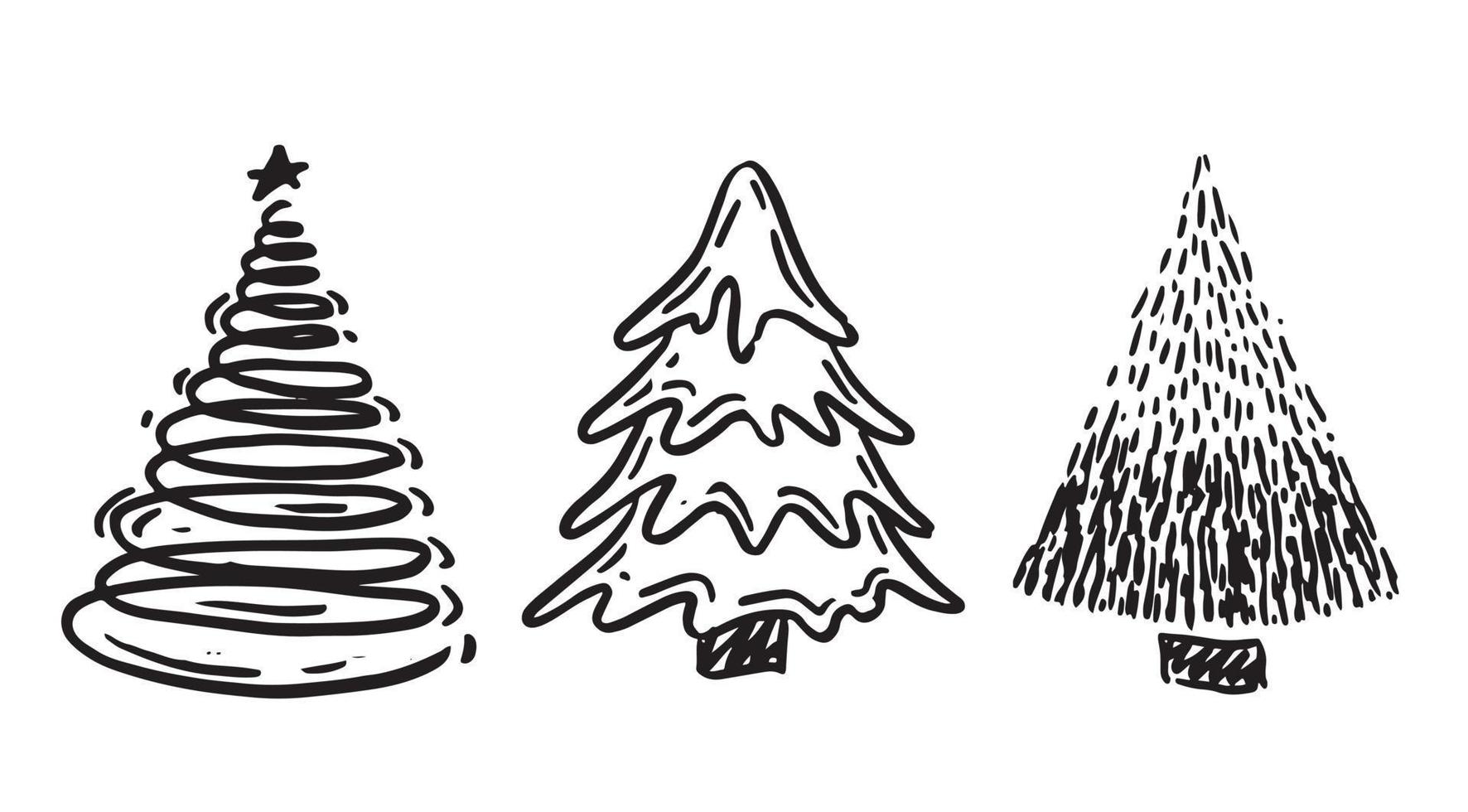 juego de árboles de navidad, feliz navidad y un feliz año nuevo. ilustraciones dibujadas a mano. vector