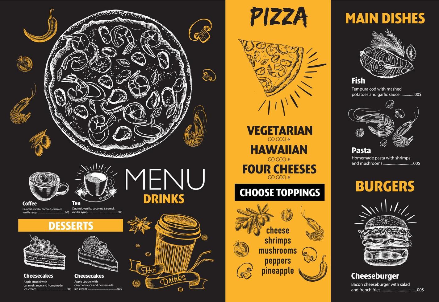 Menu restaurant brochure. Flyer with hand-drawn graphic. vector