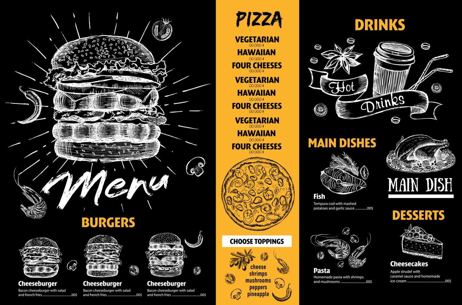 Menu restaurant brochure. Flyer with hand-drawn graphic. vector