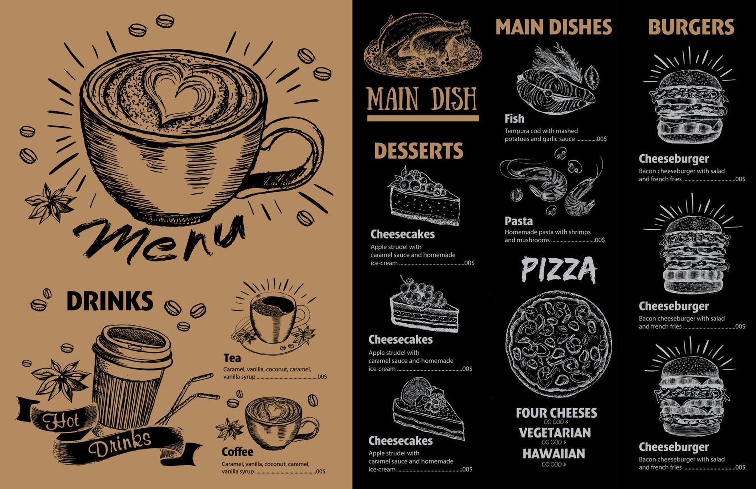 Menu restaurant brochure. Flyer with hand-drawn graphic. vector