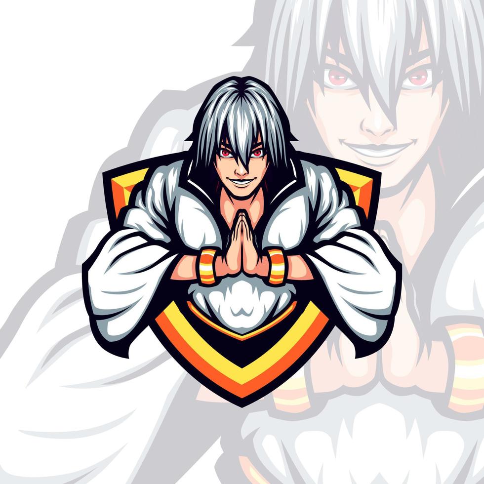 White Haired wearing White Kimono Prayer Vector Mascot