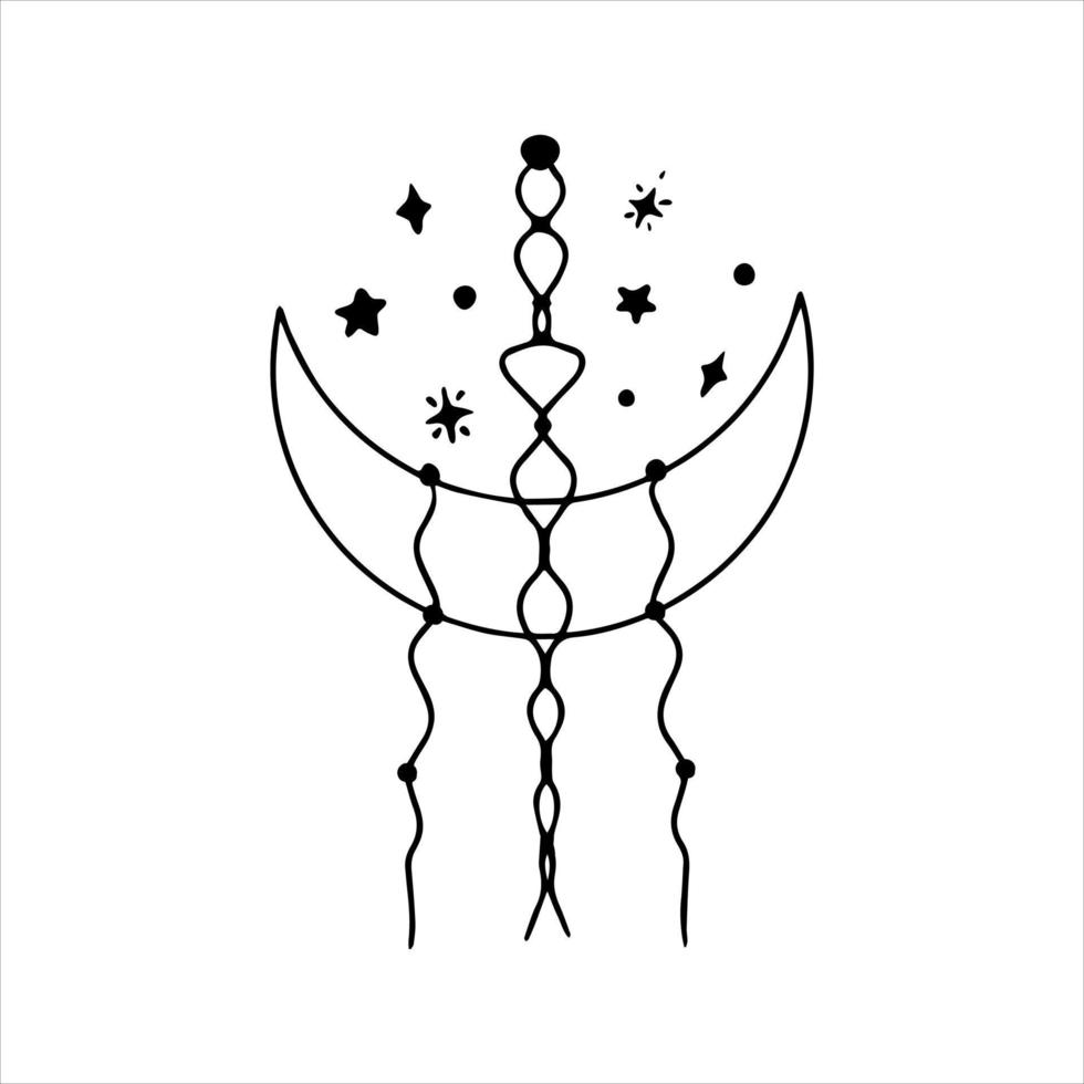 Hand drawn doodle boho moon crescent decorated with stars, beads, sparkle and threads. Isolated on white background vector