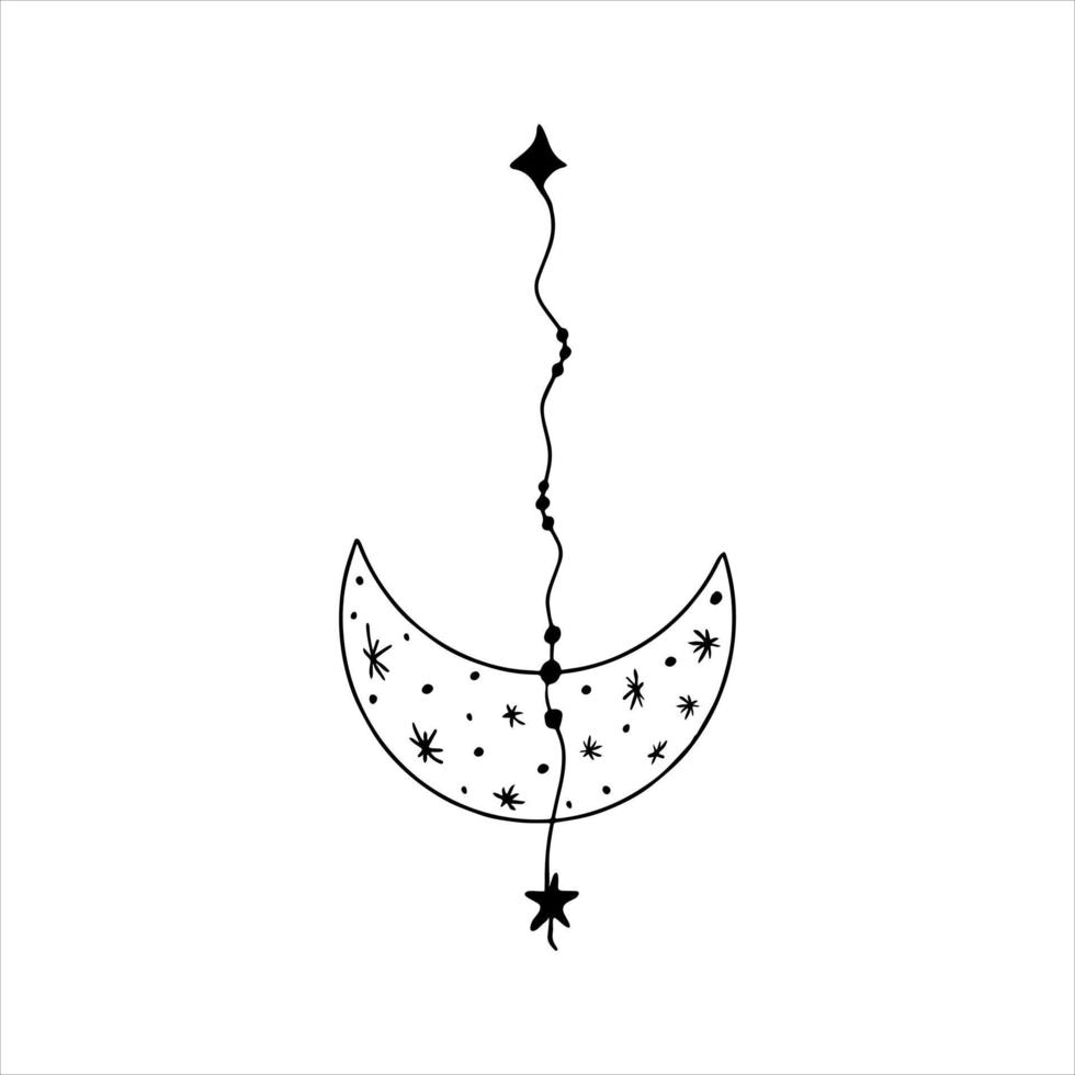 Hand drawn doodle boho moon crescent decorated with stars, beads, sparkle and threads. Isolated on white background vector