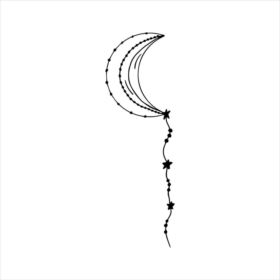 Hand drawn doodle boho moon crescent decorated with stars, beads and threads. Isolated on white background vector