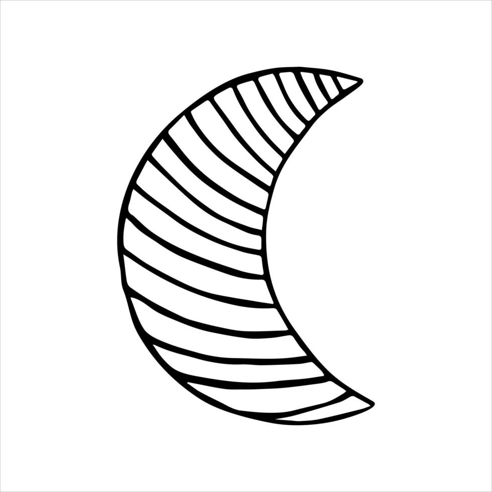 Hand drawn doodle moon crescent decorated with  stripes. Isolated on white background vector