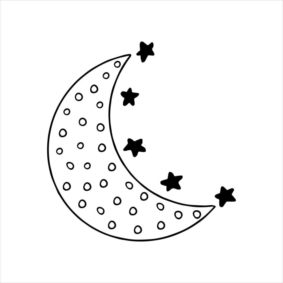 dibujado a mano garabato boho luna creciente decorado con estrellas y círculos. aislado sobre fondo blanco vector