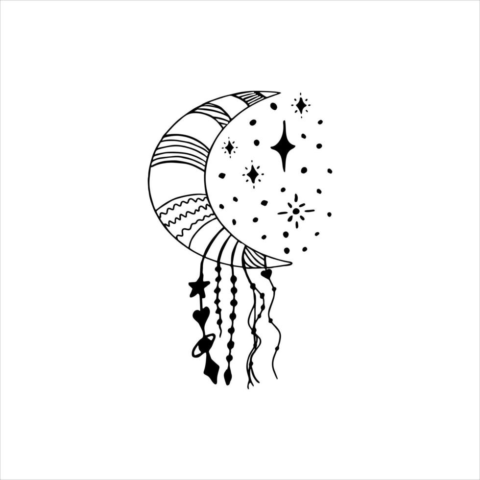 Hand drawn doodle boho moon crescent decorated with stars, stripes, waves, beads, sparkles and threads. Isolated on white background vector